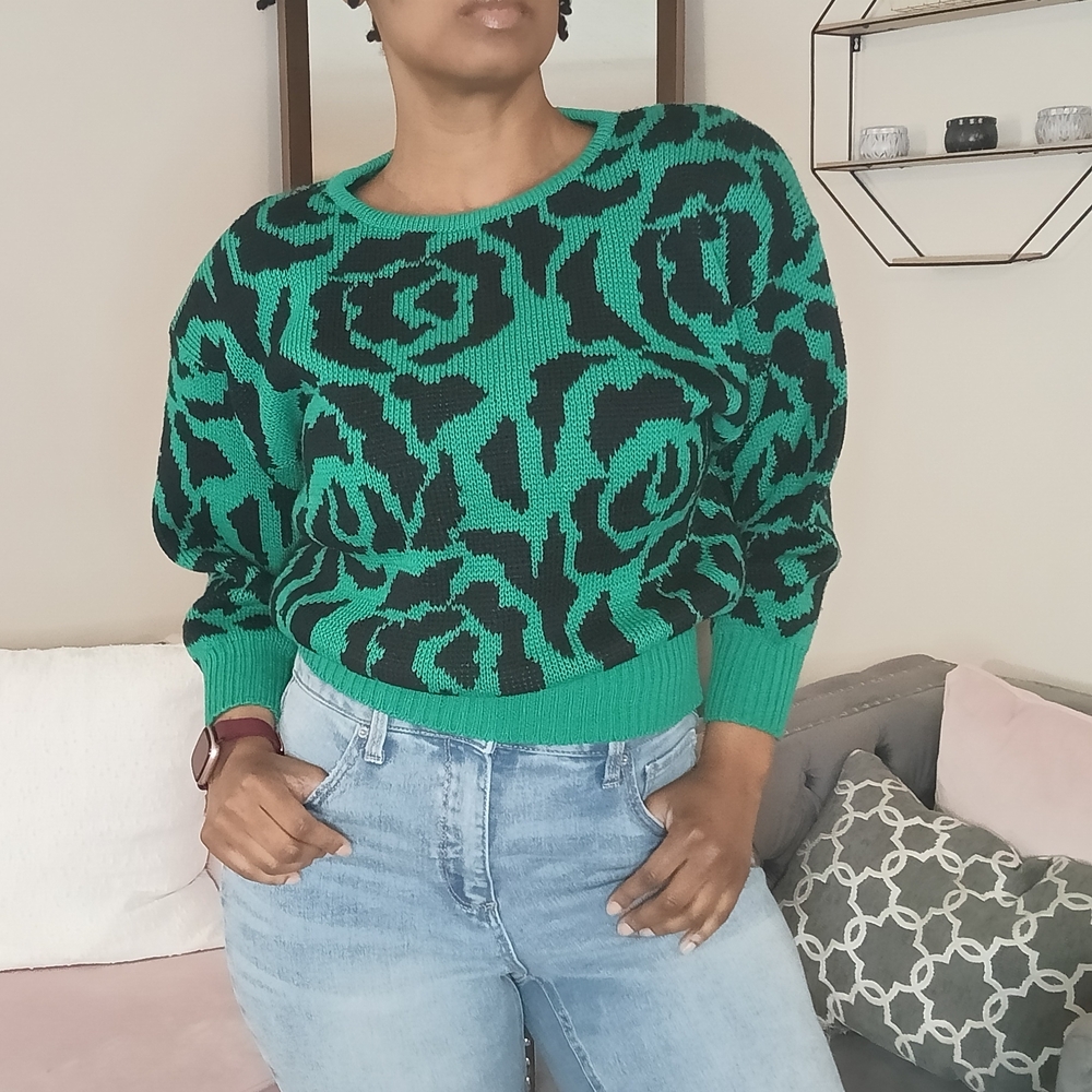 Vintage‎ Brigitte Green & Black Floral Crewneck Sweater - Women